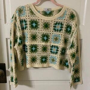 New Cropped Crochet Patchwork Sweater - Cream, Green, and Blue